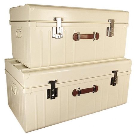 Malle métallique crème avec poignée simili cuir - Lot de 2