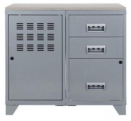 Meuble 1 porte 3 tiroirs métal gris alu et plateau chêne naturel Naya L 80 x H 75 x P 40 cm - 25 kg