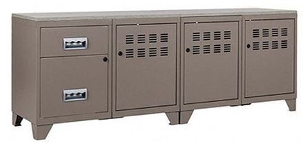 Meuble bas 3 portes 2 tiroirs métal taupe et plateau chêne naturel Naya L 160 cm