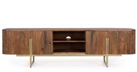 Meuble TV 4 portes 1 étagère VILAS 180 cm – Bois de manguier & pieds acier doré mat