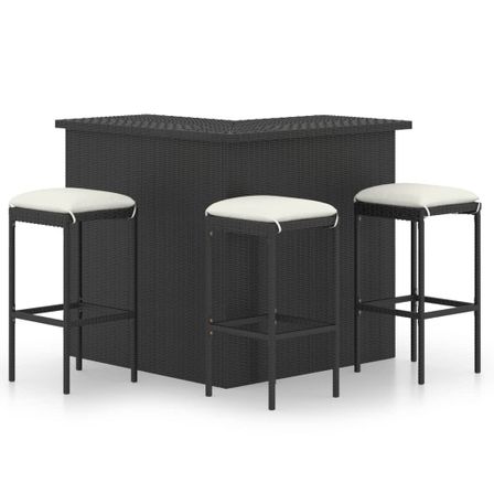 Meuble de bar de jardin 4 pcs avec coussins Résine tressée Noir