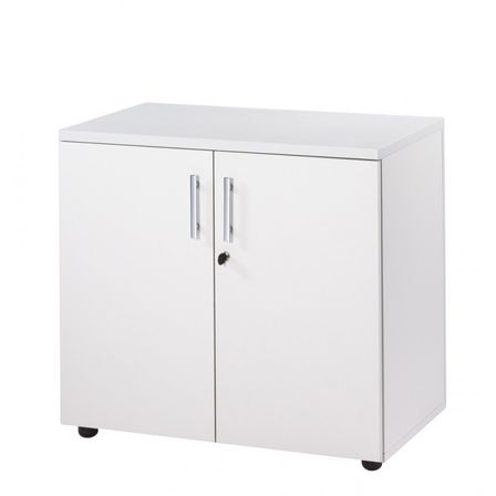 Meuble de rangement bureau HUBLO blanc – Armoire basse 2 portes avec serrure