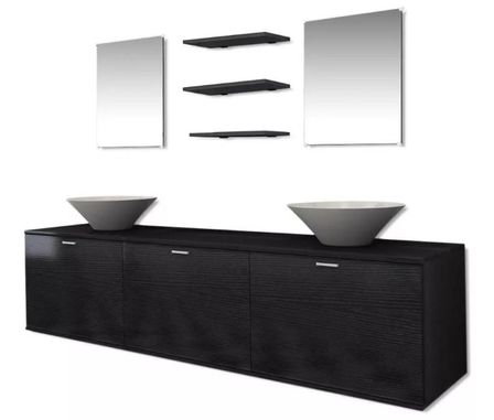 Meuble de salle de bain 10 pièces bois laqué noir Val
