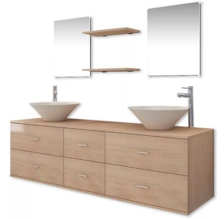 Meuble de salle de bain 15 pièces bois laqué beige Val