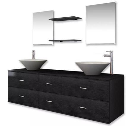 Meuble de salle de bain 15 pièces bois laqué noir Val