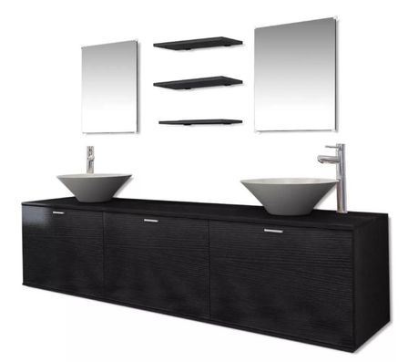 Meuble de salle de bain 16 pièces bois laqué noir Val