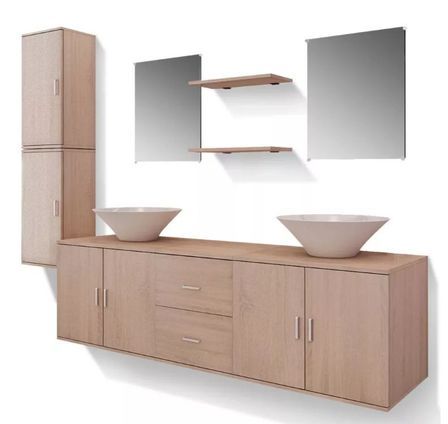 Meuble de salle de bain 17 pièces bois laqué beige Val