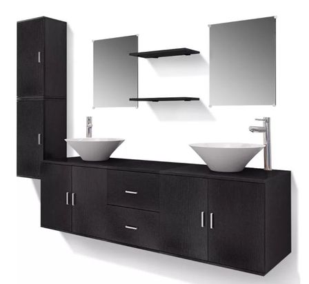 Meuble de salle de bain 17 pièces bois laqué noir Val
