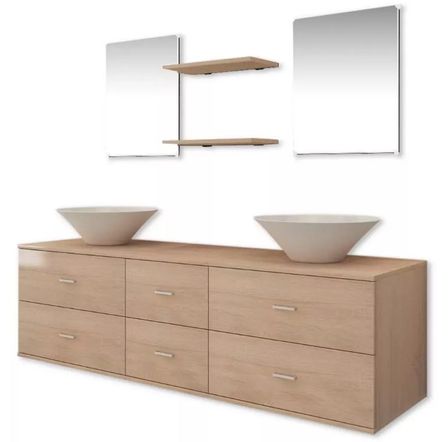 Meuble de salle de bain 9 pièces bois laqué beige Val