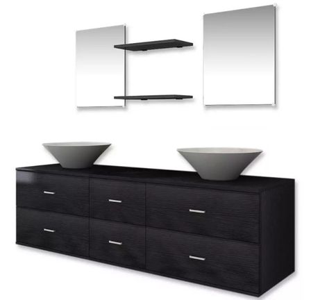 Meuble de salle de bain 9 pièces bois laqué noir Val