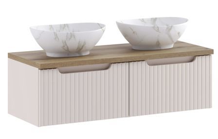 Meuble salle de bain double vasque blanche suspendu NOVA taupe 100 cm avec plan Chêne Casella et vasques PATI