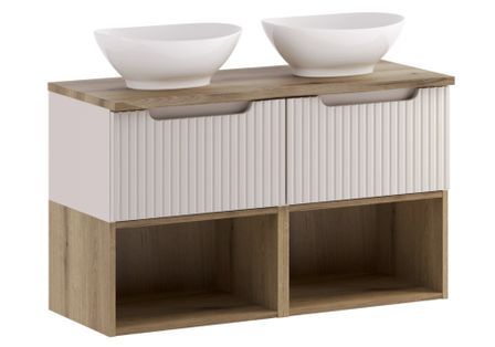 Meuble salle de bain double vasque suspendu NOVA Taupe 100 cm avec plan de travail effet chêne et vasques LOLA