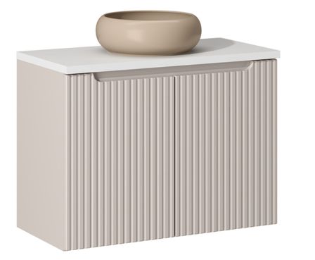 Meuble salle de bain suspendu 2 portes NOVA taupe – Vasque ronde cappuccino avec plan