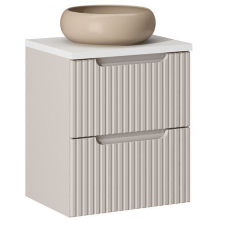 Meuble salle de bain suspendu 2 tiroirs NOVA taupe – Vasque ronde cappuccino avec plan