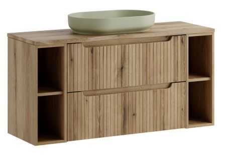 Meuble salle de bain suspendu naturel NOVA 120 cm – Vasque ovale vert olive, 2 tiroirs et étagères