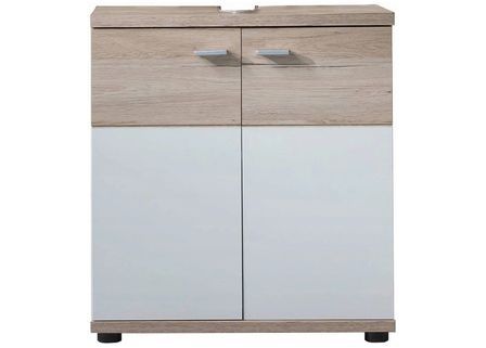 Meuble sous vasque 2 portes mélaminé blanc et chêne clair Masie