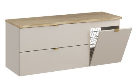 Meuble sous vasque suspendu DALIA Cachemire avec panier à linge et plan en chêne naturel