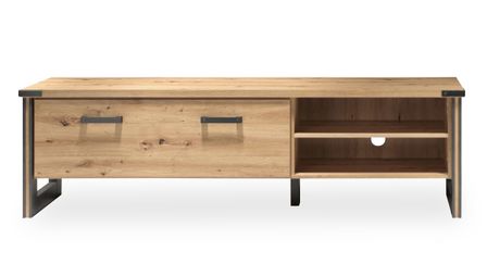 Meuble TV 1 porte mélaminé chêne clair et gris Mio