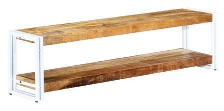 Meuble TV 2 plateaux manguier massif clair et métal blanc Sytra