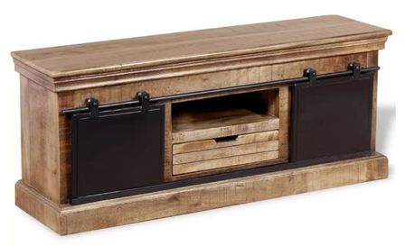 Meuble TV 2 portes 1 tiroir manguier massif clair et métal Induka