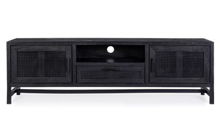 Meuble TV 2 portes 1 tiroir WAKY 180 cm - Bois massif et rotin noir