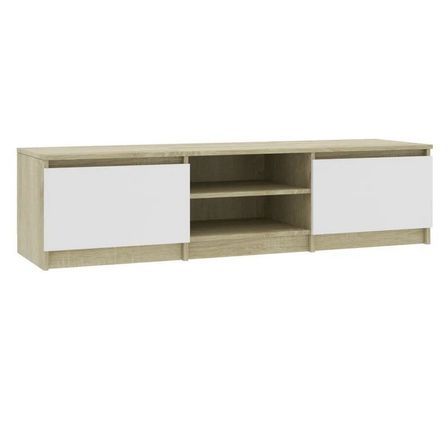Meuble TV 2 portes 2 niches bois chêne et blanc Cyna 140 cm