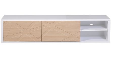 Meuble TV 2 portes 2 niches bois clair et blanc brillant Gracia
