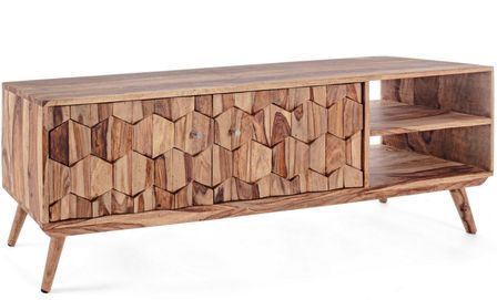 Meuble TV 2 portes 2 niches KAMY – bois massif de sheesham – 145 x 35 cm