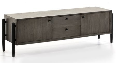Meuble TV 2 portes 2 tiroirs bois massif gris et noir Vazen 160 cm