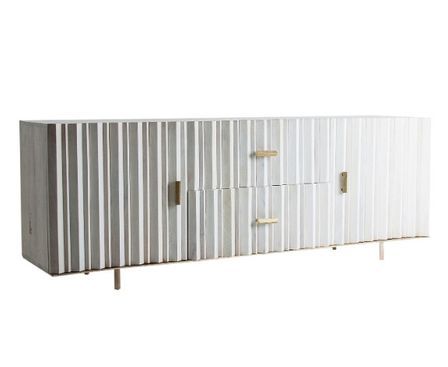 Meuble TV 2 portes 2 tiroirs manguier massif crème et doré Allya