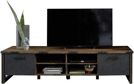 Meuble TV 2 portes 4 niches vintage vieux bois usé et gris avec rivets