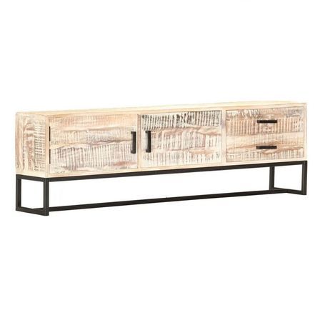 Meuble TV 2 portes acacia massif blanc Dinne 140 cm