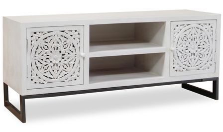 Meuble TV 2 portes bois blanc et métal noir Dias