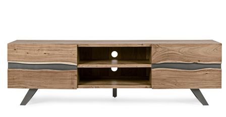 Meuble TV 2 portes DENIA - Bois massif d'acacia & pieds acier gris