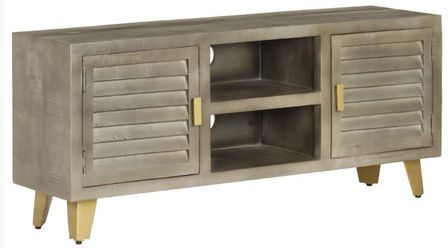 Meuble TV 2 portes manguier foncé et pieds métal doré Heintz