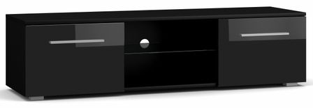 Meuble TV 2 portes noir et noir laqué Roxel 140 cm