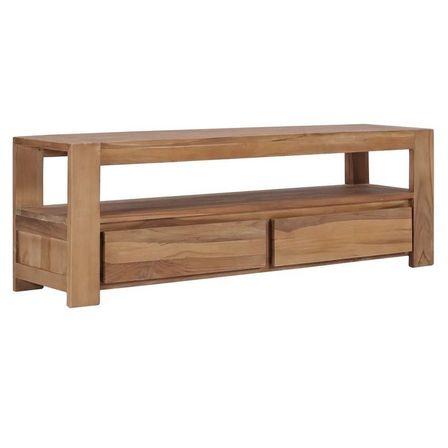 Meuble TV 2 tiroirs 1 étagère teck massif foncé Lohe 120 cm