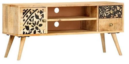 Meuble TV 2 tiroirs 1 porte manguier massif clair Lylo 100 cm