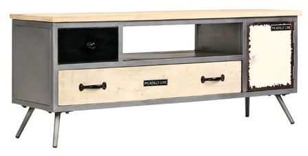 Meuble TV 2 tiroirs 1 porte métal gris et manguier massif Chica