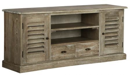 Meuble TV 2 tiroirs 2 portes bois exotique massif gris Miela