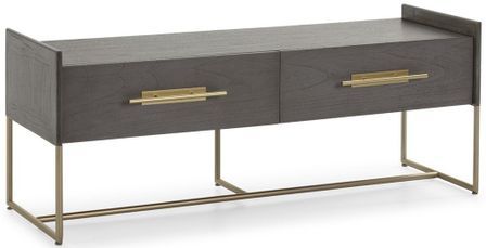 Meuble TV 2 tiroirs bois massif gris et pieds métal doré 140 cm