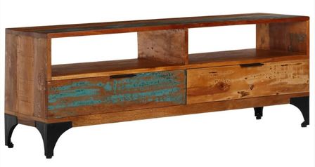 Meuble TV 2 tiroirs bois massif recyclé et métal noir Boust