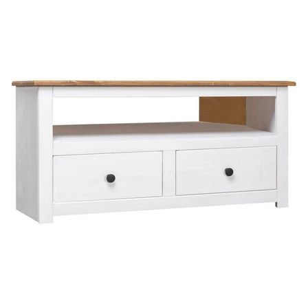 Meuble TV 2 tiroirs pin massif foncé et blanc Urda 93 cm
