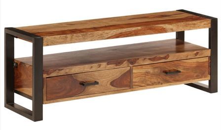 Meuble TV 2 tiroirs sesham massif foncé et pieds métal noir Vustick