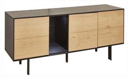 Meuble TV 3 portes 1 niche bois clair et métal noir Tosa
