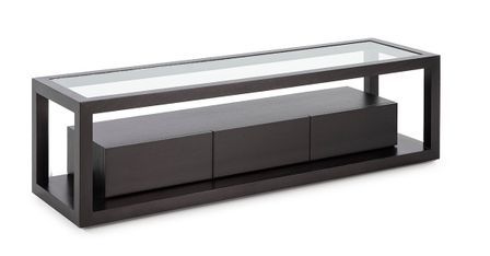 Meuble TV 3 tiroirs 1 niche bois noir et verre trempé 160 cm