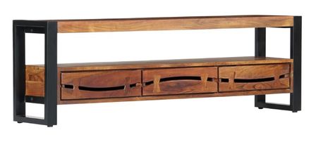 Meuble TV 3 tiroirs acacia massif foncé et métal noir Amanda