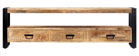 Meuble TV 3 tiroirs manguier massif clair et métal noir Maneci