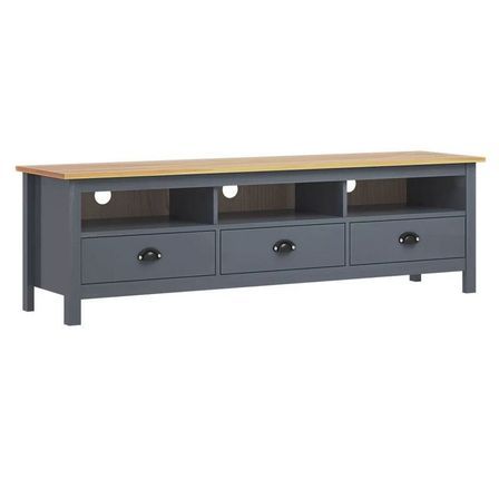 Meuble TV 3 tiroirs pin massif clair et gris Samid 158 cm