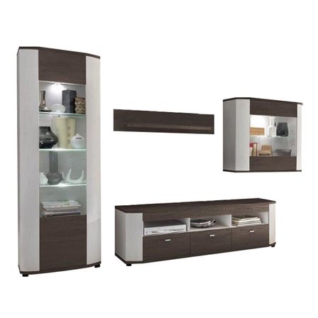 Meuble TV 4 pièces mélaminé blanc et bois foncé Samli